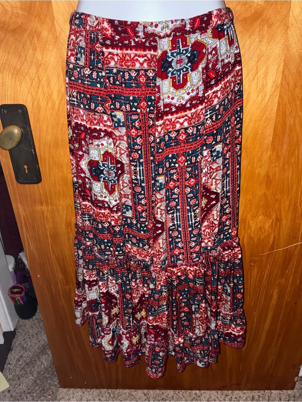 Intro Love The Fit Red Boho Patterned Maxi Skirt India - Size M